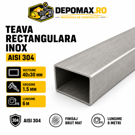 Teava rectangulara inox AISI 304, 40 x 30 x 1.5 mm, 6 metri